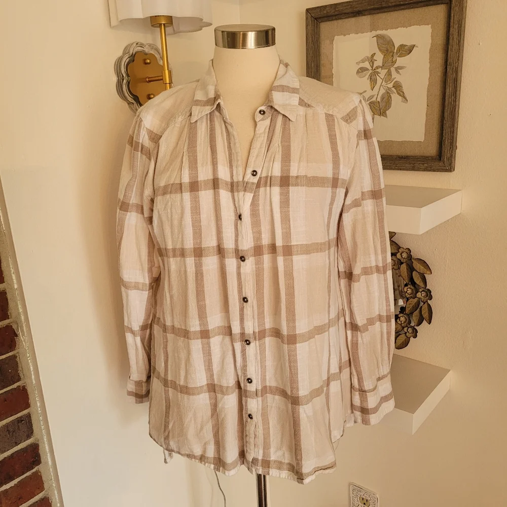 Free People Preppy In Plaid Long Sleeve Button Front Top Ruffle Back Boho 90s L